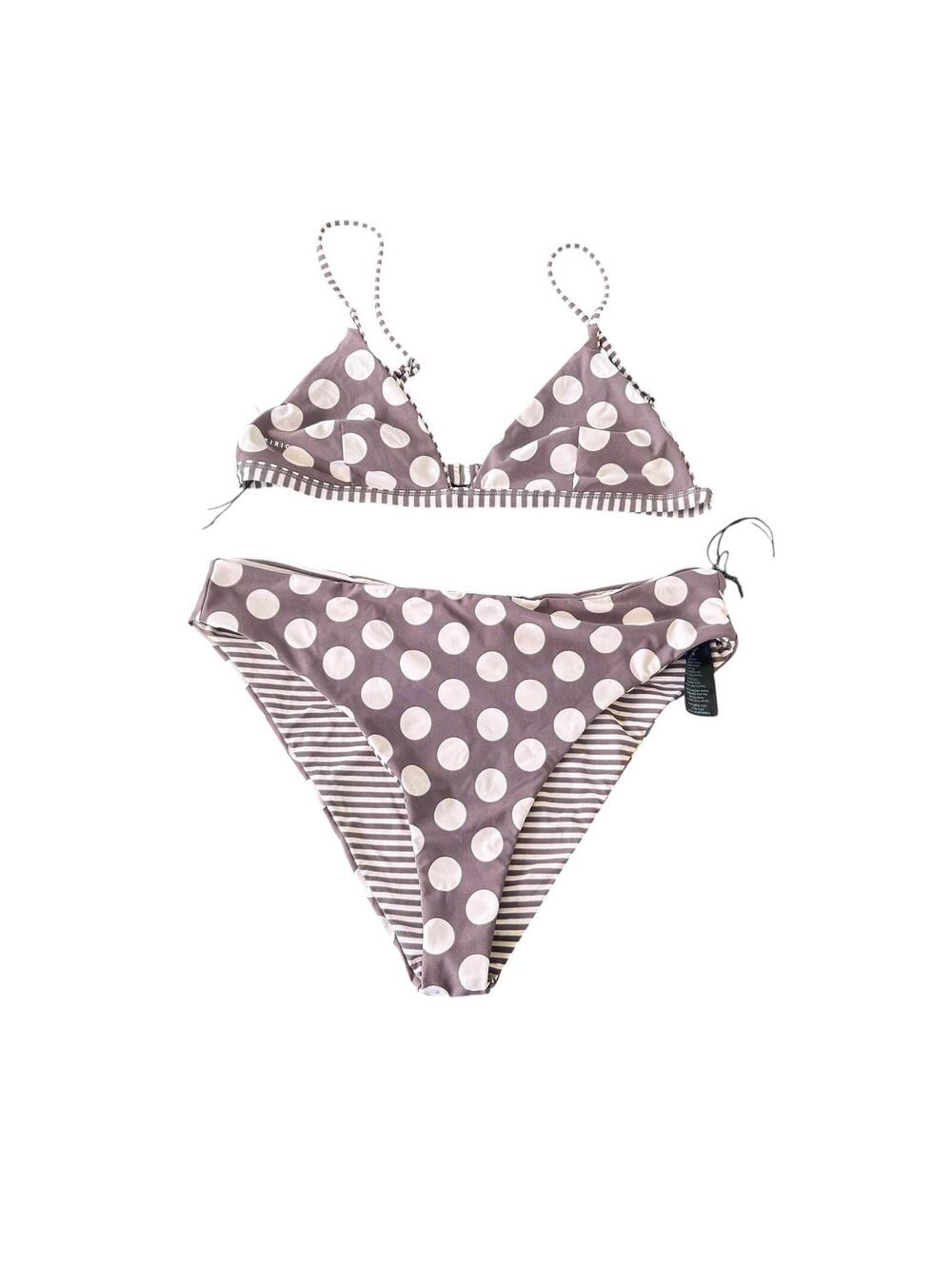 KIKIRIO sandstone reversible Polka dot stripe bikini swimsuit set size Small NWT